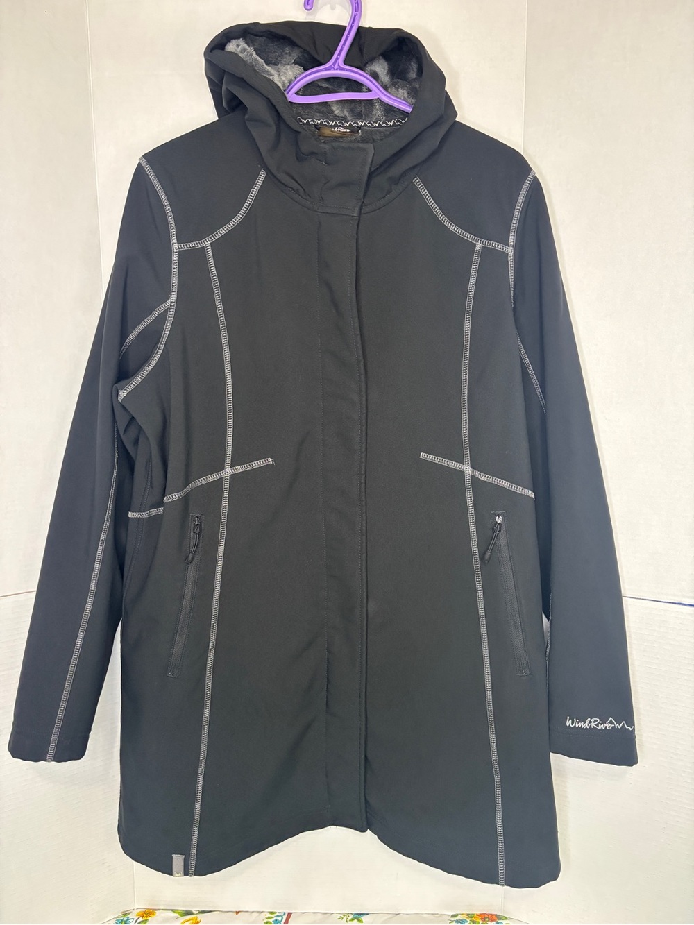 WindRiver Women’s Black Hooded Softshell Performance Coat Faux Fur Lining
